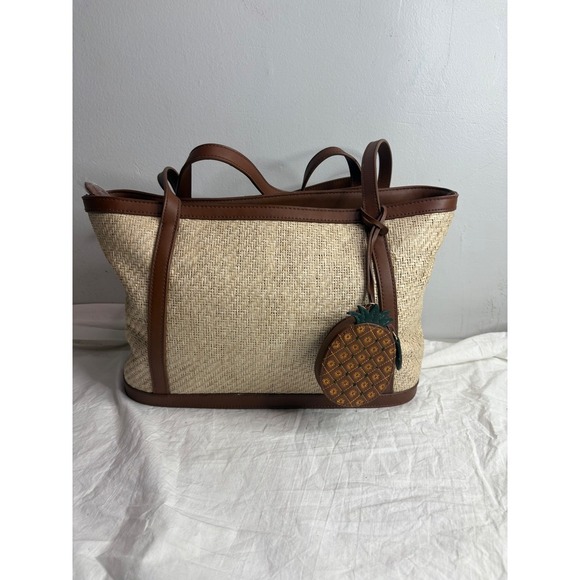 Handbags - Straw Tote Bag Brown Faux Leather Trim Pineapple Charm Summer Beach Vacation